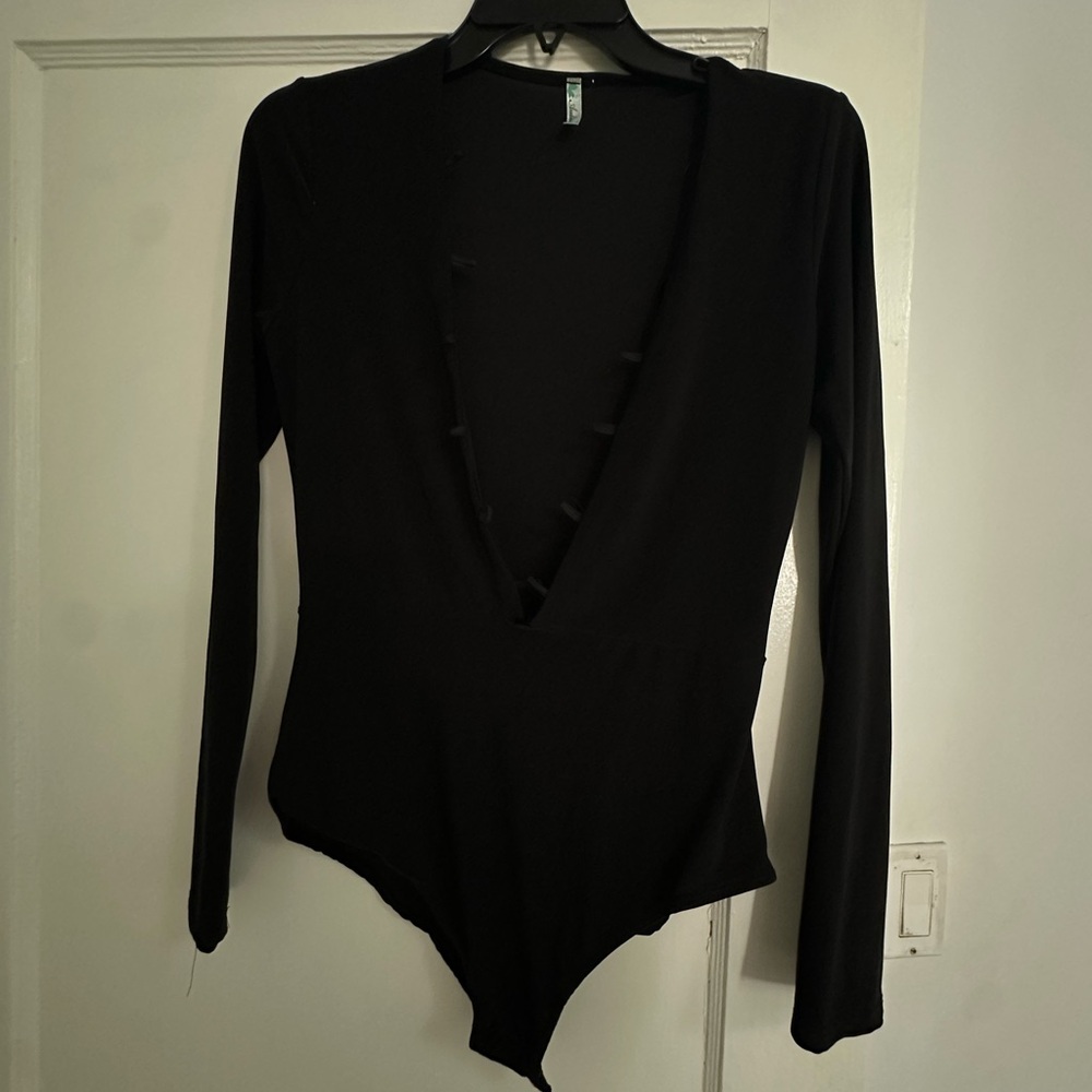 Auditions Black Asymmetrical Long Sleeve Bodysuit